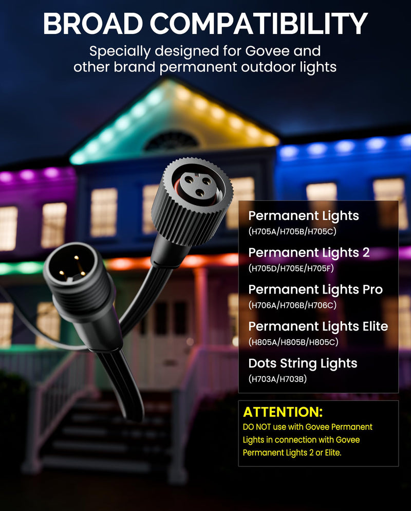 16FT Extension Cable for Govee Permanent Outdoor Lights Series, Waterproof Extension Cord for Govee H705A H705B H705C, H705D H705E H705F, H706A H706B H706C, H805A H805B H805C, 3 Pack, Black 16FT-3 PACK