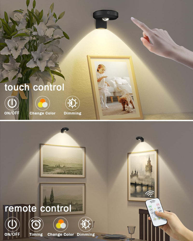 WILLED Picture Lights for Wall, 1200mAh Rechargeable Battery Operated Picture Frame lights, Puck Lights with Remote, Dimmable & Timer Art Lighting for Paintings Wireless, Magnetic Gallery Light/3 Pack 1-Black 3000K-6000K Narrow Beam