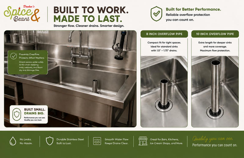 Stainless Steel Bar Sink Overflow Pipe 8 Inch | 3 Pack | 1.5 Inch Drain Diameter | Sink Overflow Drain Pipe | Bar Sink Drain Replacement & Overflow Repair | Dasher's Spice & Beans