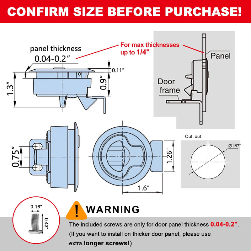 evan Boat Latch 2" Slam Hatch Lock for Marine Deck RV Cabinet Door 3 Pack | Flush Pull Hatch, for Trailer Deck Cabinet 1/4" Door
