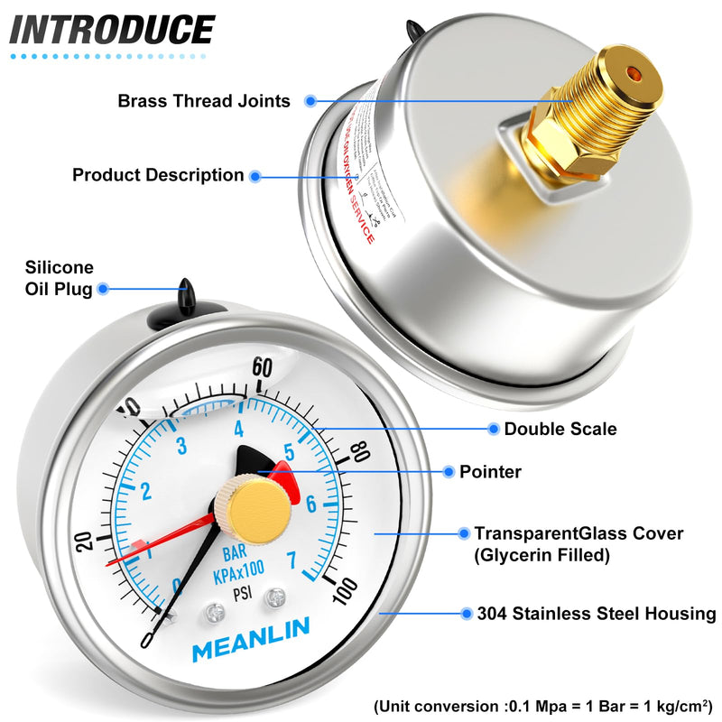 MEANLIN MEASURE 0~100Psi Stainless Steel 1/4" NPT 2.5" FACE DIAL with Reset Pointer Liquid Filled Pressure Gauge WOG Water Oil Air, Lower Mount, with 1/8" x 1/4" NPT and 1/8" x 3/8" NPT Hex Bushing 0-100Psi