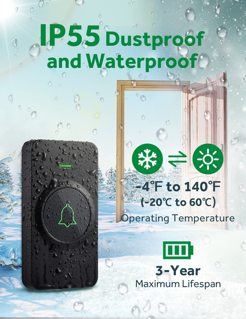 AVANTEK Wireless Door Bell, CB-21 Mini Waterproof Wireless Doorbell Operating at Over 1000 Feet, 2 Remote Buttons Can Have Different Tones, 52 Melodies, CD Quality Sound and LED Flash 2 Transmitters Black