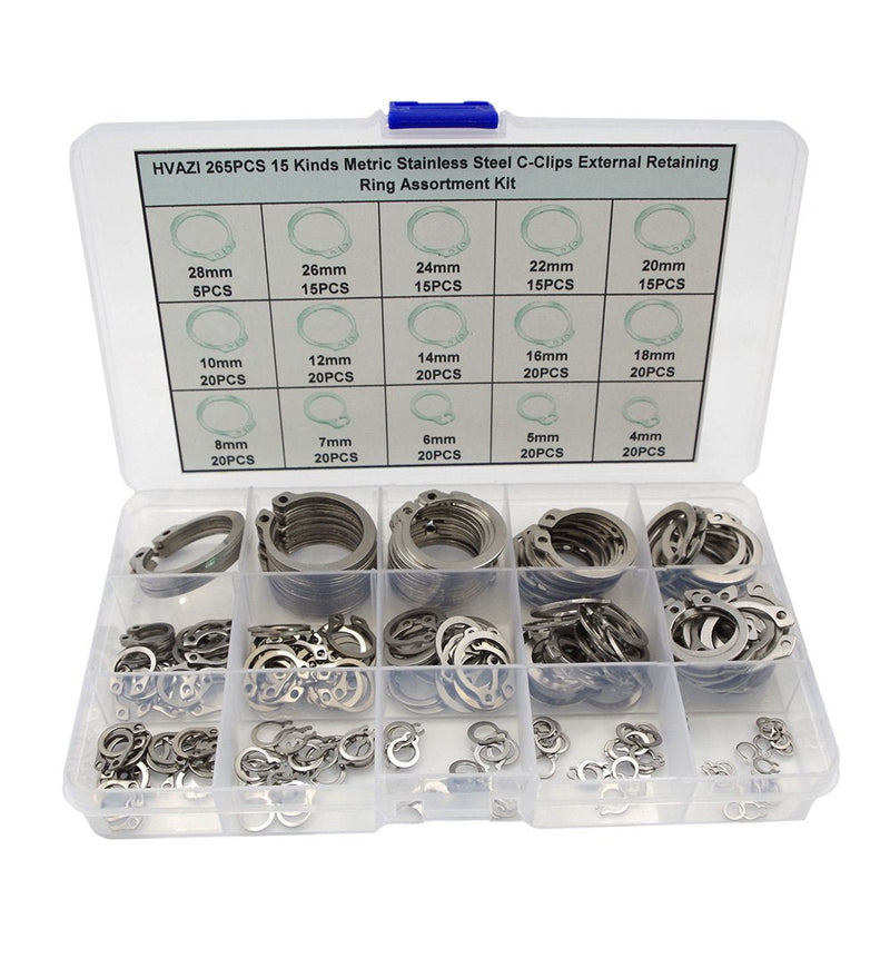 265PCS Metric 304 Stainless Steel C-Clips External Retaining Ring Assortment Kit
