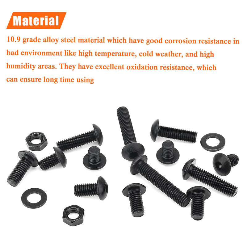 240 Pieces M5 x 6mm /8mm /10mm /12mm /16mm /20mm /25mm, Button Head Socket Cap Screws Bolts Washers Nuts Kit, 10.9 Grade Alloy Steel, Full Threaded, Black