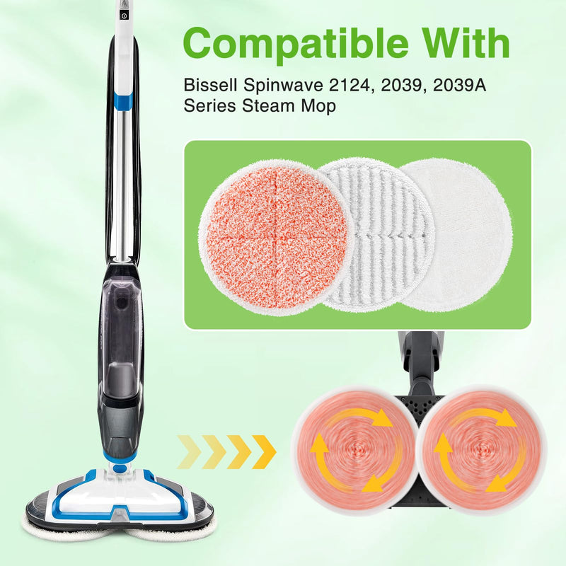 8 Pack Mop Pads Replacement Compatible with Bissell Spinwave 2124, 2039A, 2307, 23157, 23159, 20393, 20399 Hard Floor Spin Mop, 2 Soft Pads, 4 Scrubby Pads, 2 Heavy Scrub Pads