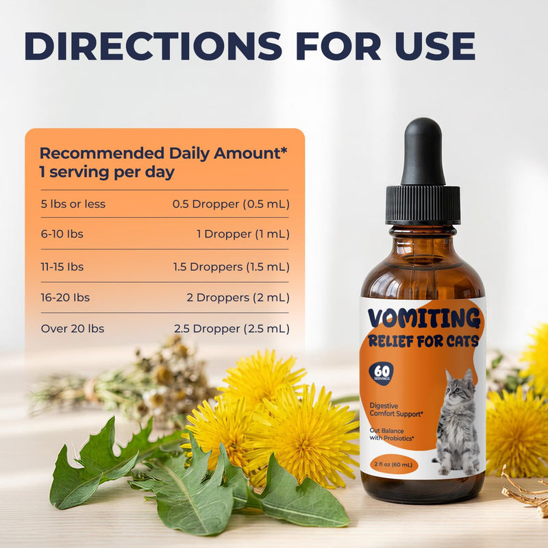 Cat Vomit Remedy & Vomiting Relief for Cats, Hairball & Digestive Support Drops, Probiotic + Fiber Blend Helps Reduce Occasional Vomiting, Supports Gut Balance & Hairball Control, 2 fl oz