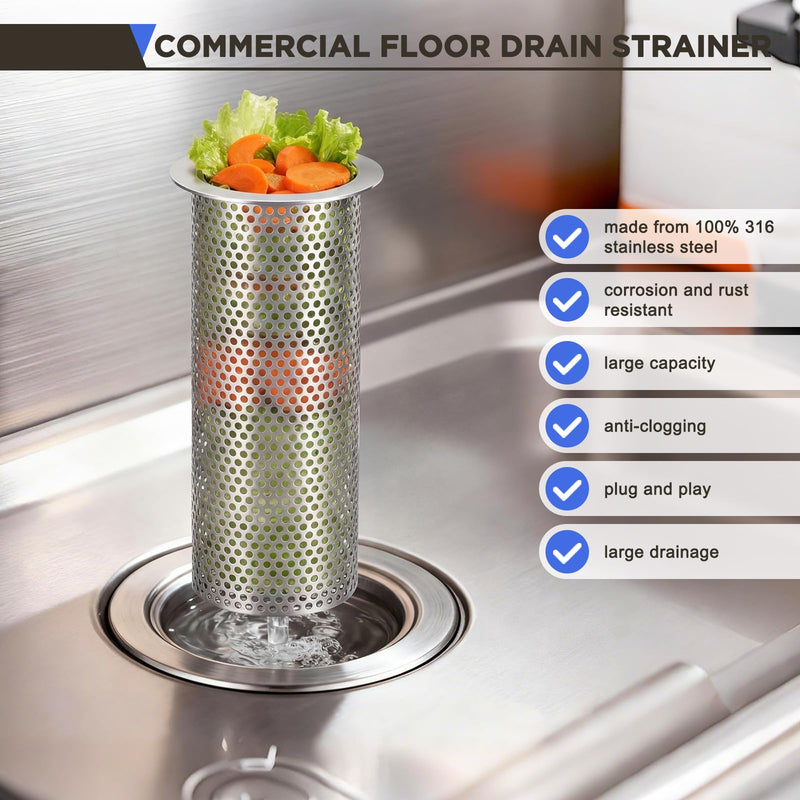 1 Pcs Commercial Floor Drain Strainer Perforated Cylindrical Mesh 316 Stainless Steel Drain Basket with Carry Handle –heavy-duty, for Restaurants, Kitchens, Factory (3" Diameter X 8" Tall) 1 3" Diameter X 8" Tall