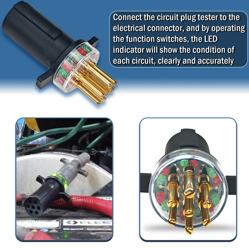 Kefly 7-Way Round Pin Trailer Truck Circuit Plug Tester Replace 7865L, Trailer Tractor Light Tester