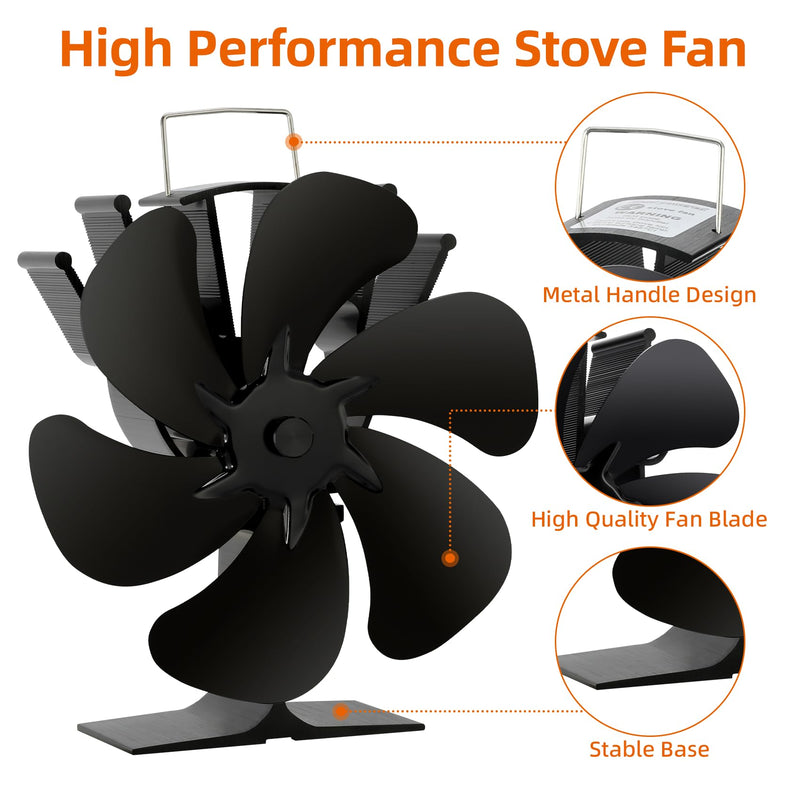 6 Blades Heat Powered Wood Stove Fan Fireplace Fan Non Electric for Wood Burning Stove/Pellet/Log, Heat Powered fan, Silent Operation, With Magnetic Thermometer, Black