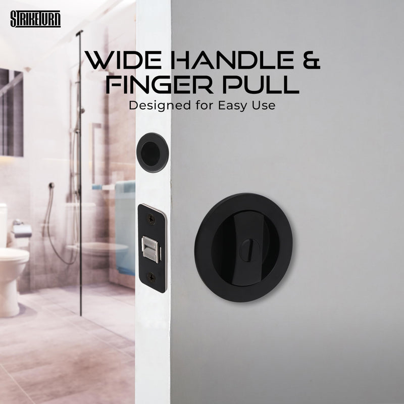 Premium Black Pocket Door Hardware - Round Pocket Door Lock - Ergonomic Matte Black Door Handle with Pocket Door Pull - Reversible Pocket Door Latch for Safety