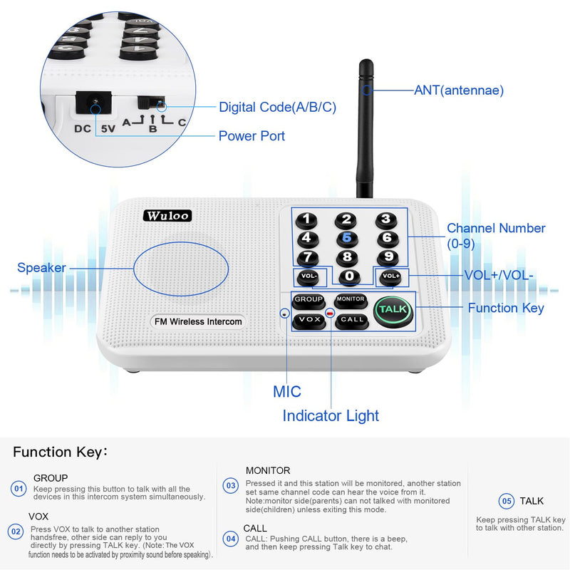 Expandable for Wuloo Intercoms Wireless for Home 5280ft Range 10 Channel 3 Code (Only 1 Unit for Expandable The Original intercom System, CAN NOT Work Without Other Units) 1 unit White