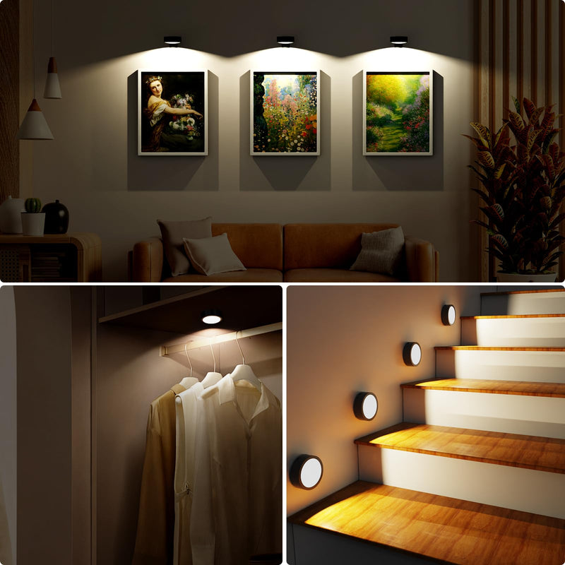 Picture Lights for Wall, Painting Frame Lights with 3 Lighting Modes, Rechargeable Battery Operated Wall Lights, Magnetic Led Painting Lights with Remote Dimmable and Timer (Black, 3Pack) Black