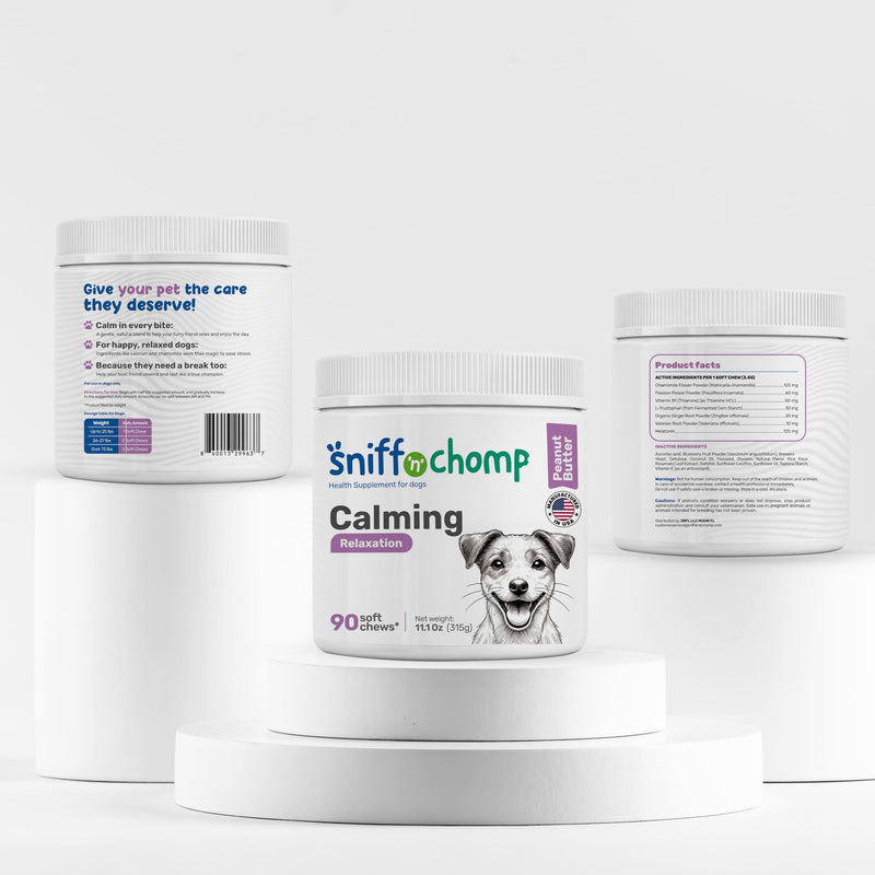 SNIFF 'N' CHOMP Dog Calming Chews, Peanut Butter Flavor, Natural Anxiety Relief with L-Theanine Chamomile Valerian Melatonin, Stress Support for All Breeds, Calming Dog Treats | 90 Soft Chews