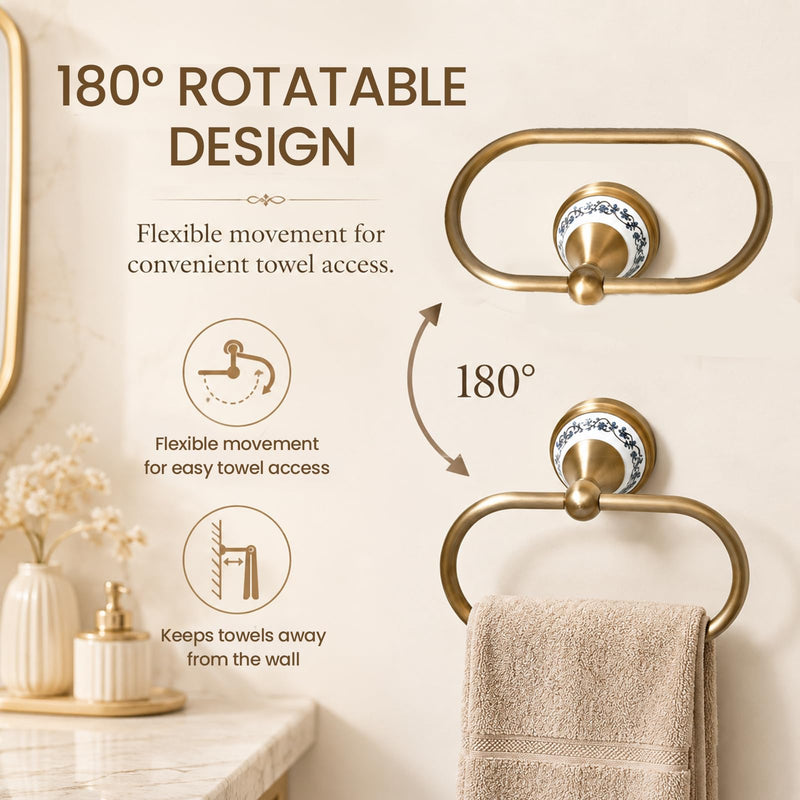 2Pieces Toilet Paper Holder & Brass Towel Ting, PrecisEdge Antique Brass Bathroom Hardware Set, Antique Gold Bathroom Accessories, Toilet Holder Hand Towel Holder Set, Powder Room & Home Decor Antique Blue and White Porcelain-2 Pcs