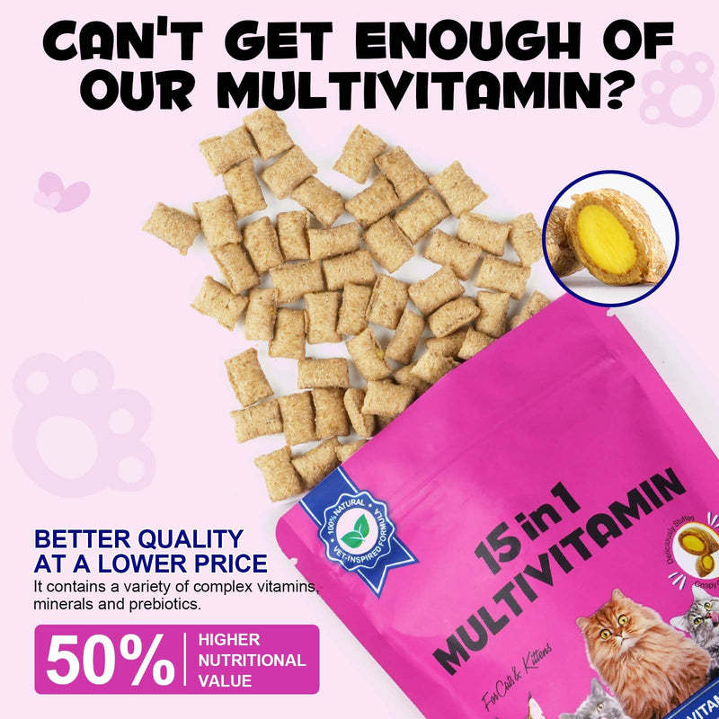 Cat Multivitamin Chews, Crunchy & Creamy Cat Treats, Daily Nutritional Support for Cats & Kittens, Skin & Coat Care, with Taurine, Chicken Flavor, 100g