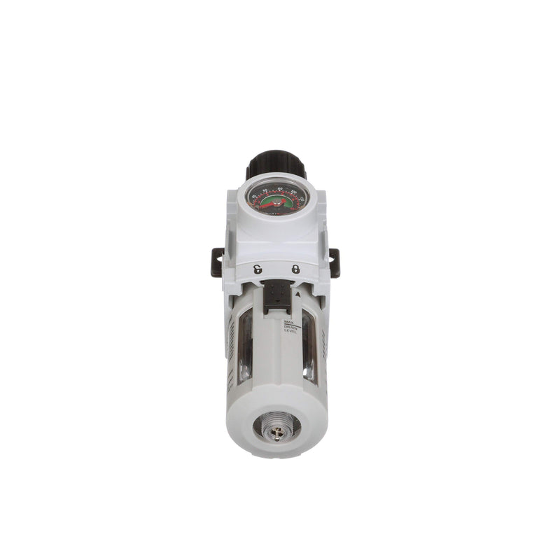PneumaticPlus PPP2-N02BG Miniature Air Filter Regulator Piggyback Combo 1/4" NPT - 5 Micron, Poly Bowl, Manual Drain, Embedded Gauge 1/4" NPT - Poly Bowl, Manual Drain