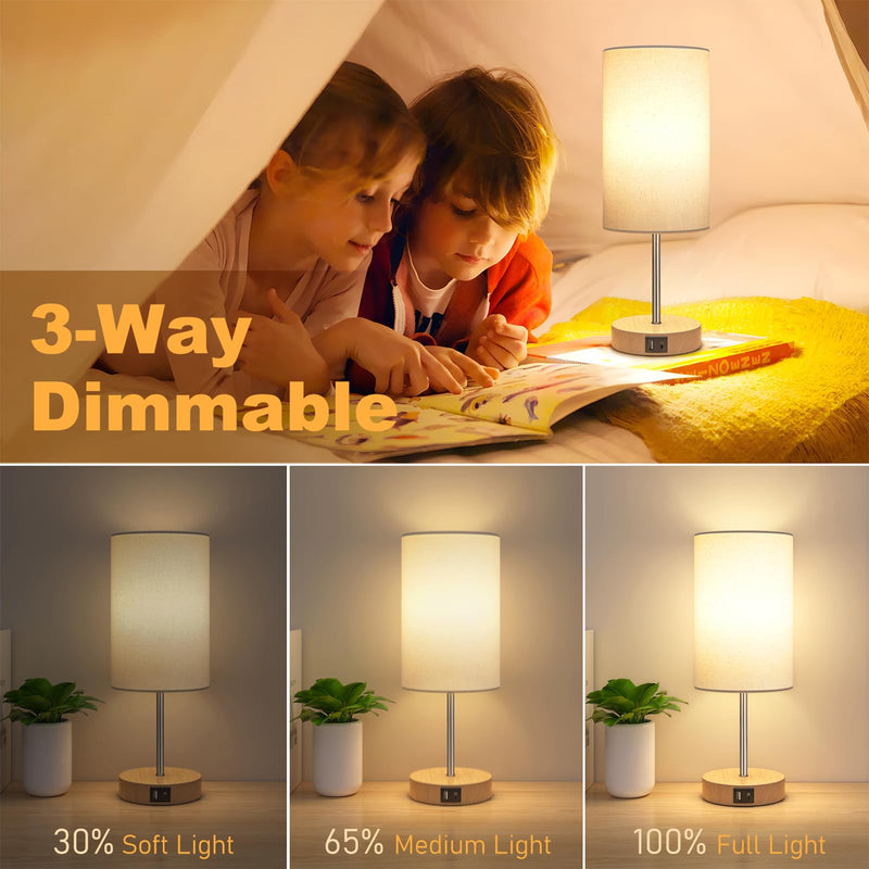 AKASUKI Table Lamp for Bedroom, 3 Way Dimmable Touch Lamp with Dual Charging Station, Small Bedside Lamps for Night Stands, Living Room, Office(LED Bulb Included) Cream Shade-Wood Base 14.25 in