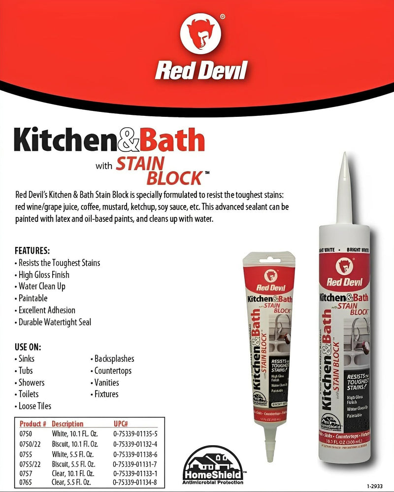 Red Devil 0755 Kitchen & Bath Stain Block Sealant Squeeze Tube, 5.5 oz. White 1 - Pack 5.5 oz.