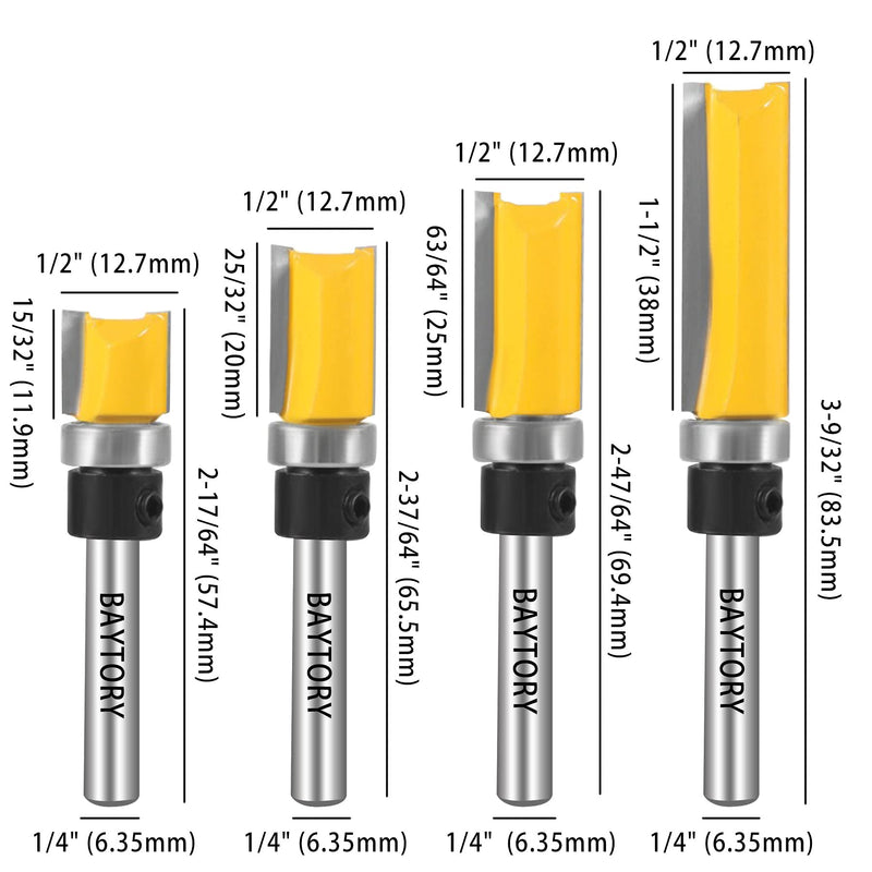 BAYTORY Professional Pattern Flush Trim Router Bit Set with 1/4 inch Shank, 4Pcs 1/2" Cutting Diameter Carbide Bits with Top Bearing Prevent Tear-Out, Template Guide Woodworking Milling Cutter Tool 1/2" Cut Dia.