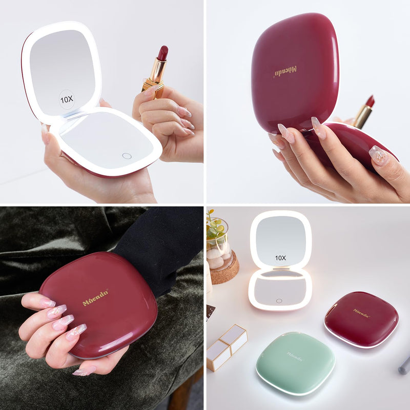 Mocado Compact LED Travel Makeup Mirror - 4 Inches 1X/10X Magnification Travel Mirror with Light Dimmable Double Sides Lighted USB Rechargeable Compact Mirror for Purse,Pocket,Travel(Wine Red) Wine Red
