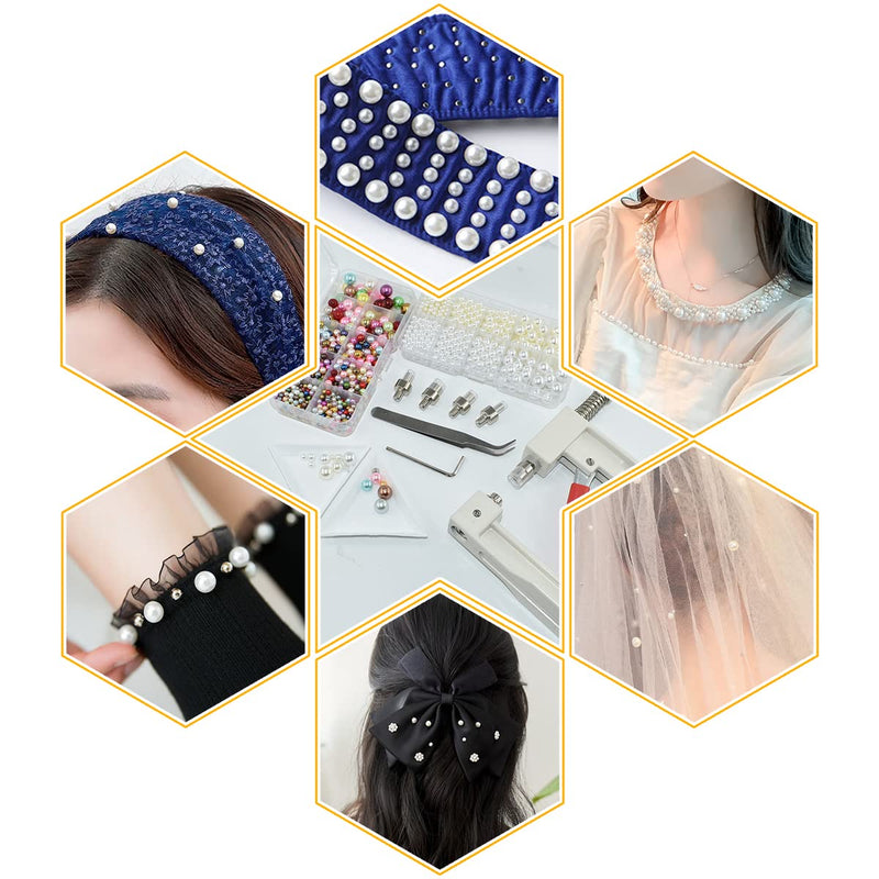 Pearl Handmade Setting Machine with 5 Sizes of Round Pearl ABS Beads Rivet Studs and 900 Pcs Nailheads Spots Studs Kit for Hats Shoes Clothes Bags Skirts Beads DIY Accessories