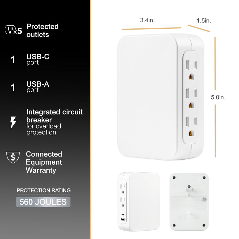 GE-UltraPro 5 Outlet Extender with Side-Access, Wall Tap Surge Protector with 1 USB-A and 1 USBC, 3-Prong, Secure Install, White, 83503 USB-C