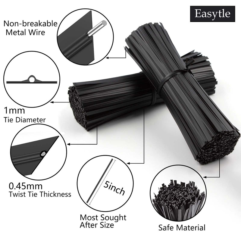 400 Pcs Twist Ties for Bags 5" Cable Ties Bag Twist Ties for Cord Twist Bread Ties Reusable Black Plastic Coated Ties Twist Ties Heavy Duty Bread Ties Wire Twist Ties for Household and Office Use 400 PCS