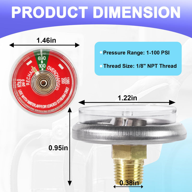 5PCS 100 PSI Pressure Gauge for Portable Water Fire Extinguishers Compatible with Amerex, Ansul, Badger, Stainless Steel Water Fire Extinguisher Replacement Part, 1/8" NPT Thread, Red Dial