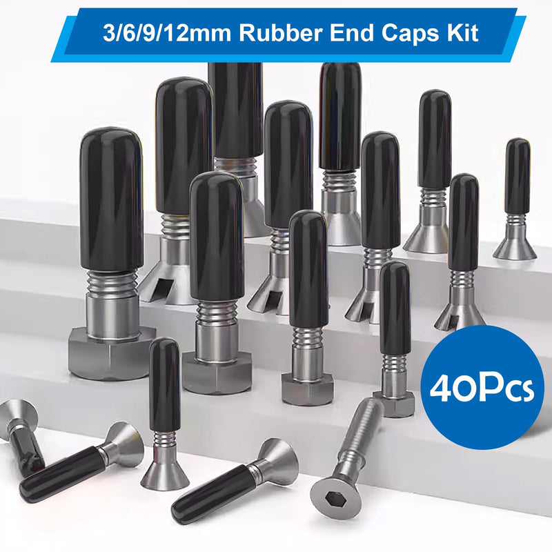 smseace 40pcs Rubber End Caps - 4 Sizes (1/8", "1/4", "3/8", "1/2 Inch) Black Vinyl Round Rubber Tip Caps for Bolts & Screws 3mm,6mm,9mm,12mm
