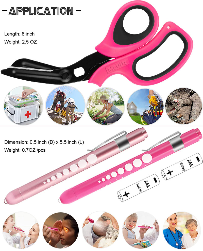 MEUUT 3 Pack Pen light & Medical Scissors-One Pantented Trauma Scissor Two LED Penlight with Pupil Gauge -8" Bandage Scissor for Nurse Doctor EMT Pink Scissor+pink&light Pink Penlight