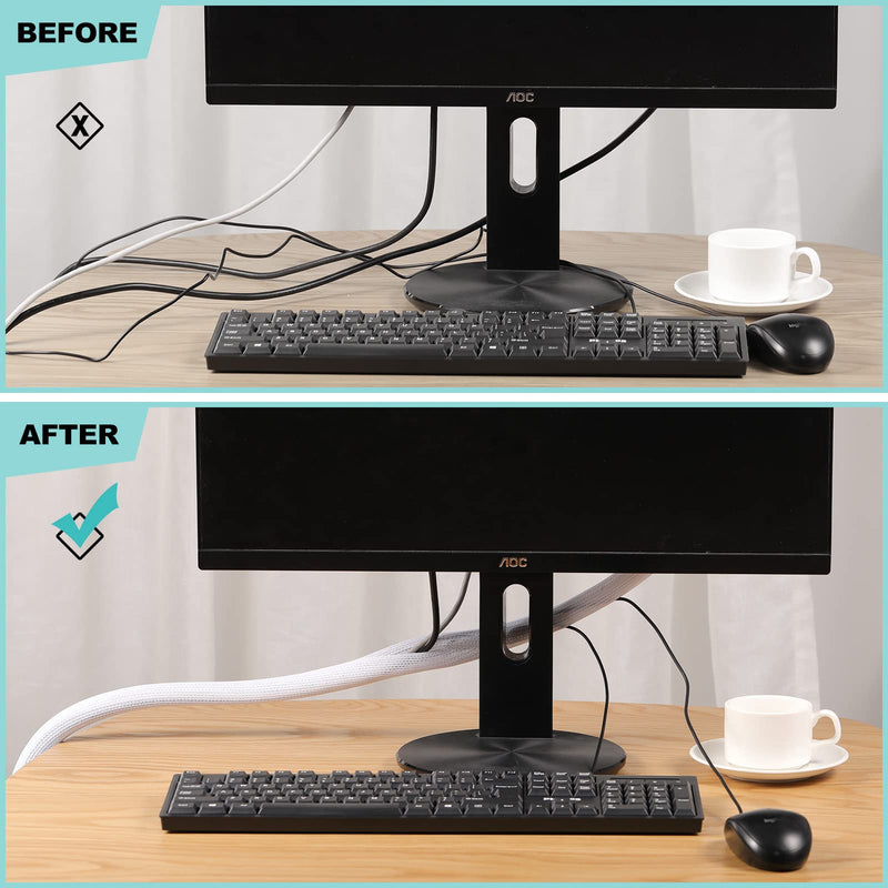 AGPTEK White Cable Sleeve Cover, 2 Pack 5ft - 1.2 inch Cord Management Wire Organizer Under Desk, Home Office Computer Wire Cover Hider Cord Protector, Protect Cables from Pet Cat Dog Chewing, White 1.2"-10ft