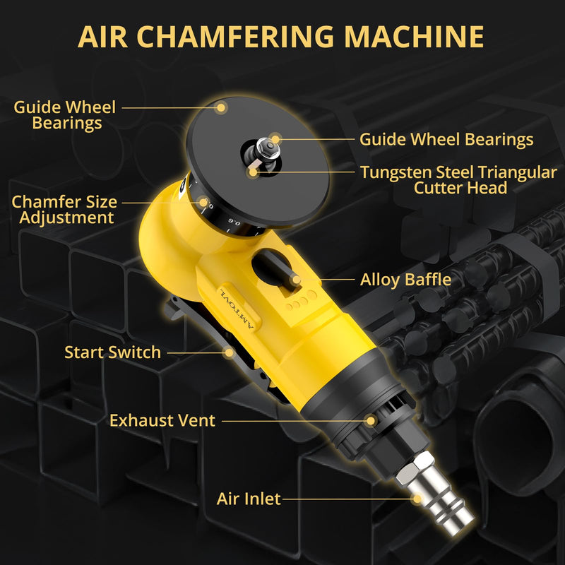 AMTOVL Air Chamfer Tool - Mini Pneumatic Chamfering Machine, 30000 RPM Pneumatic Chamfering Tool, 45 Degree Air Beveling Machine with 1/4 Inch Air Inlet for Metal, Wood, Acrylic Deburring and Trimming Yellow