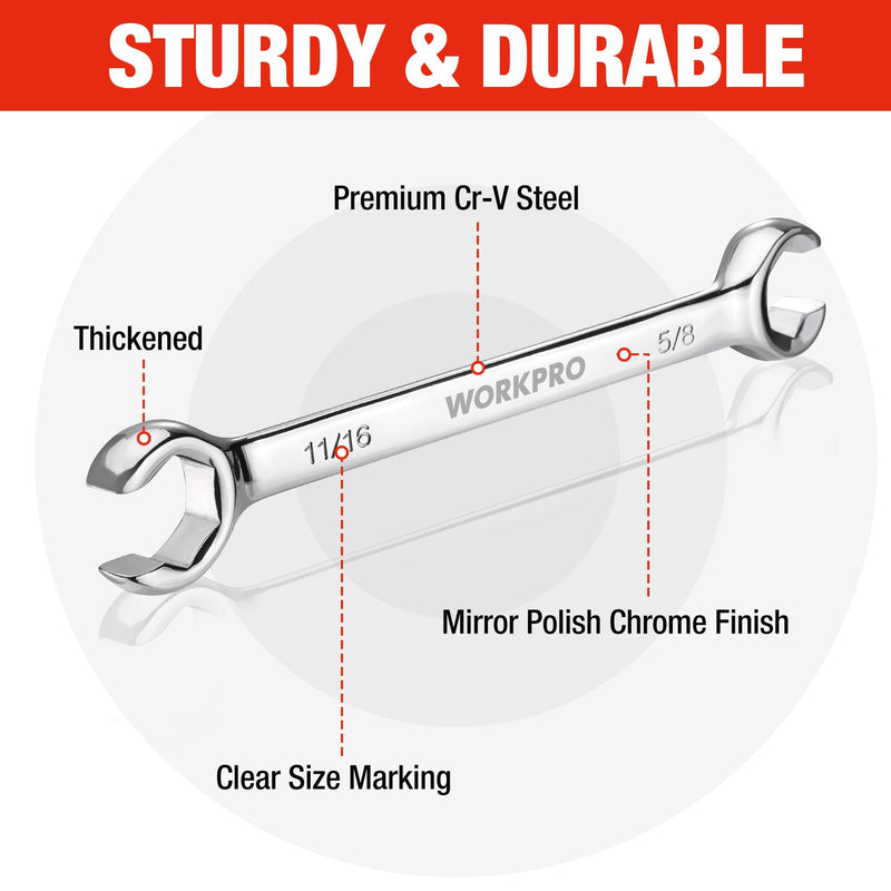 WORKPRO 4-Piece Flare Nut Wrench Set, SAE Brake Line Wrenches, 1/4", 5/16", 3/8", 7/16", 1/2", 9/16", 5/8", 11/16", Cr-V Steel, 15° Offset Head Tubing Wrench, Organizer Pouch Included