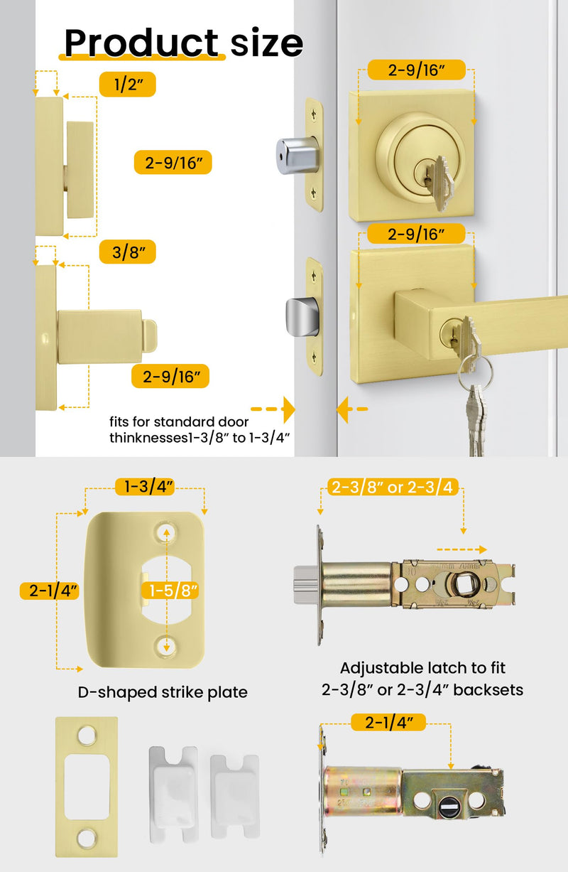 goldenwarm Exterior Door Lock Set Gold Front Door Lock Set, Heavy Duty Zinc-alloyed Front Door Handle and Deadbolt Set (1 Pack) 1 Pack