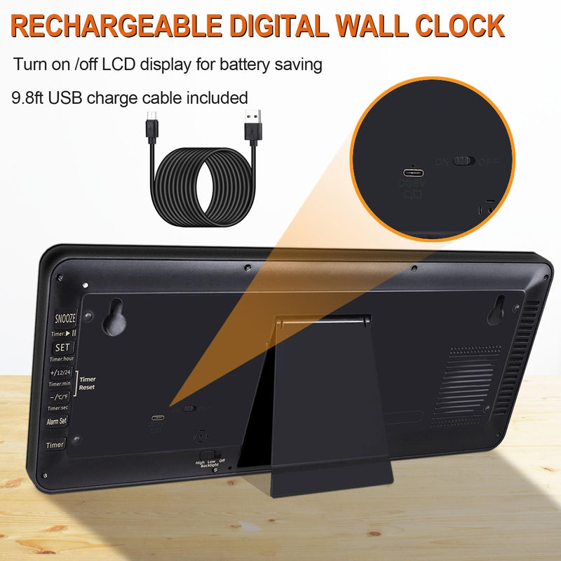 15 Inch Large Rechargeable Digital LCD Wall Clock with Backlight Glow in the Dark,Night Light Wall Clock with Week,Date & Temperature,DST,Alarm Display for Living Room, Bedroom, Gift for Elderly Black