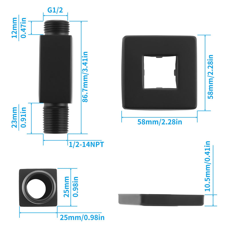 Straight Shower Arm with Flange Ceiling Mount Square Shower Extender for Fixed Shower Head 3 Inch Rainfall Shower Head Arm Extension, Matte Black Square Black