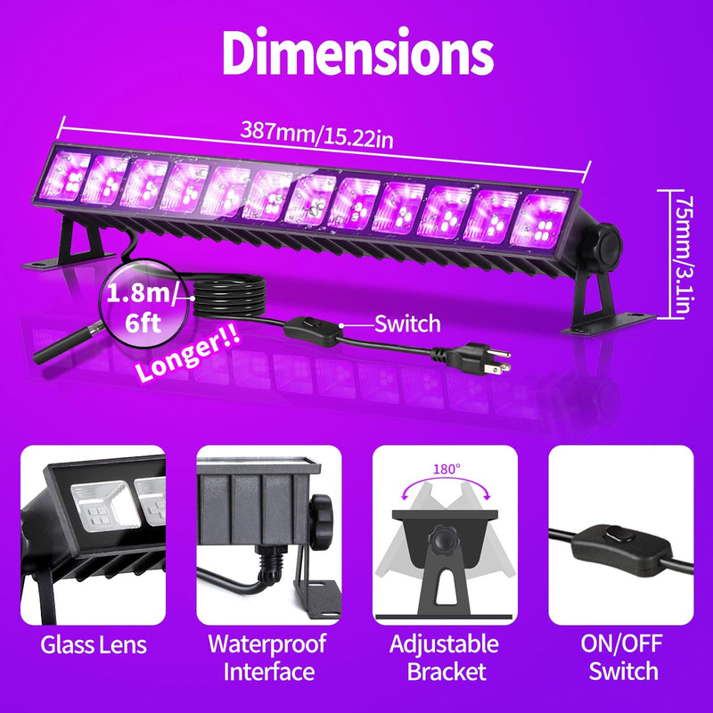 40W LED Black Light Bar, Blacklight with 6FT Cord & Switch, IP66 Waterproof Black Lights for Glow Party, Halloween, Birthday, Body Paint, Bedroom, Classroom, Each Light Up 24x24ft, 1 Pack 1 Count