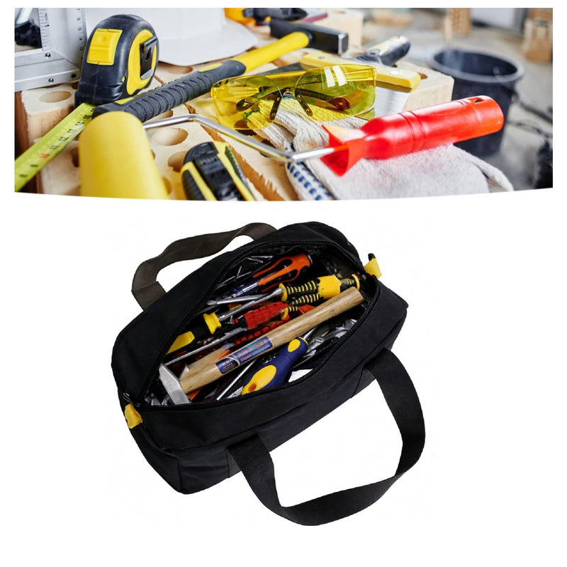Tool Bag 16 Inch Canvas Wide Mouth Tool Bag Large Capacity Tools Storage Bags Black Waterproof Electrician Toos Pouch with Compartment, Zippers Tote for Wrench Screwdriver Pliers 16in
