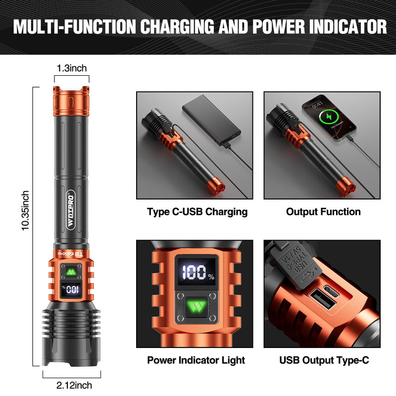 Wdtpro Rechargeable LED Flashlights High Lumens, Super Bright 90,000LM Rechargeable Flashlight with LCD Display, 5 Modes & Waterproof Powerful 10000mAh Handheld Flashlight for Camping Emergency Orange
