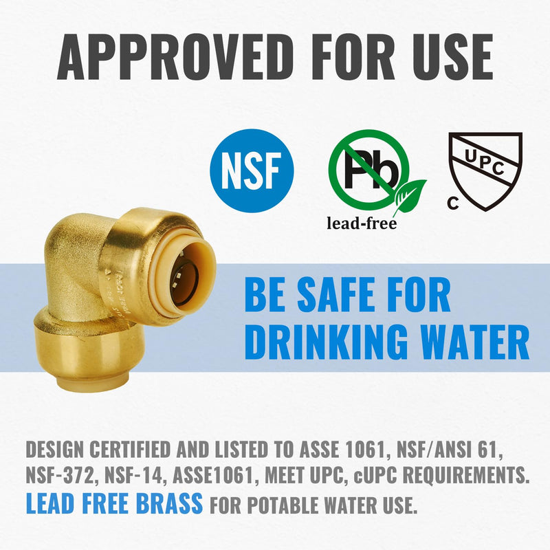 SUNGATOR 1/2" Push Pex 90 Degree Elbow Fittings, No Lead Brass Plumbing Fitting 1/2" Elbow, Push to Connect Pex Elbow, Quick Plumbing Fittings for Copper,CPVC,Pex Pipe, with 1 Release Tool, Pack of 6 1/2 Inch Brass Elbow, 6 Pack