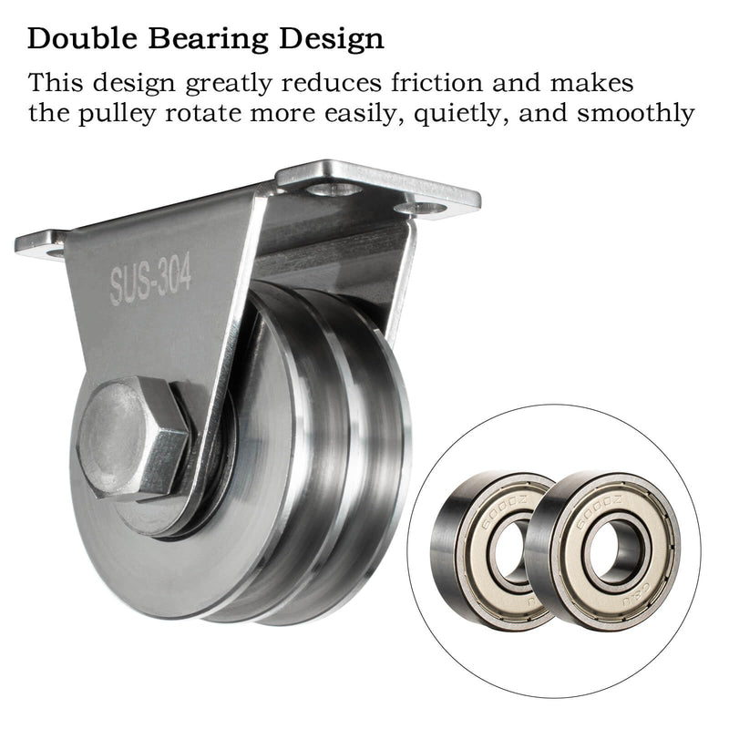 Double Groove Cable Fixed Pulley Block, Heavy Duty Stainless Steel, Bearing Inside, Good for Pulley Lifing System 2Pack 2