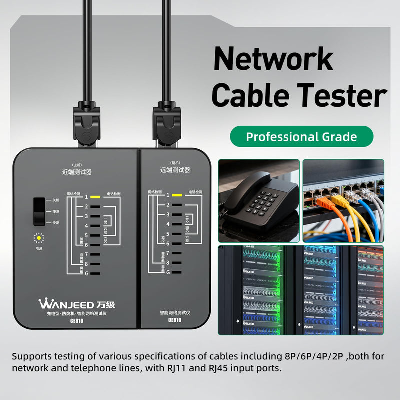 Professional Rechargeable Network Cable Tester - for RJ45/RJ11/RJ12, Tests CAT5/CAT5e/Cat6/Cat6a/CAT7 UTP/STP, PoE & CAT3, Wire Mapping, Fault Finder-Black-CE810 Charging Ethernet Tester-Black