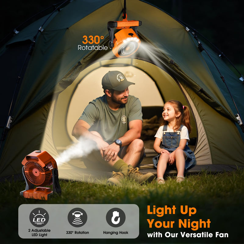 Ausic Portable Misting Camping Fans, [Max 35H Runtime] Outdoor Cooling Fan for Patios, 8 Inch Battery Operated Rechargeable Fans, Water Spray Fan with LED Light, Travel Beach Camp Essential 8-35Hrs Runtime Orange
