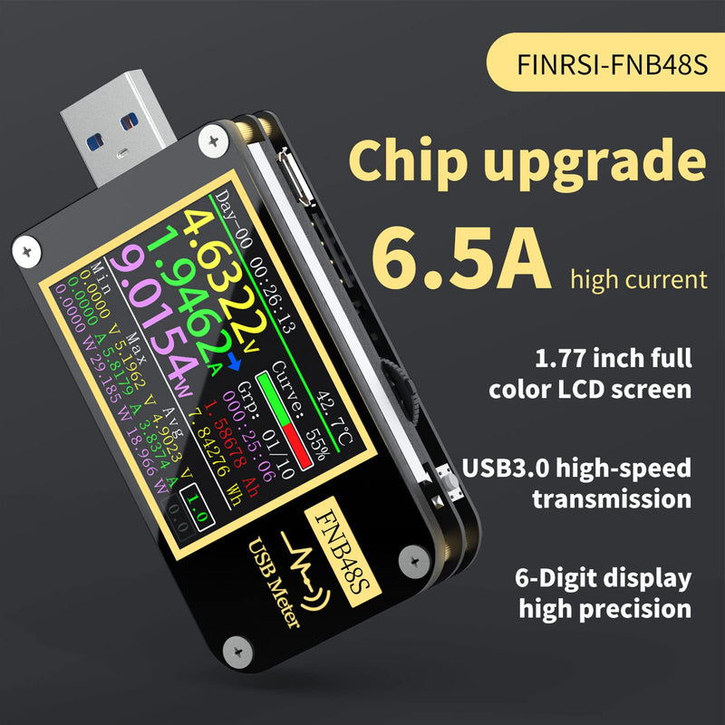 USB Power Meter, USB Tester 4-24V 0-6.5A USB Voltmeter Ammeter with Screen Flip Function Monitoring, High Precision Multifunctional USB Multimeter Voltage and Current Tester(FNB48)