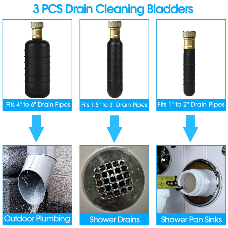 Drain Bladder Unclogs Main Sewer Line,Water-Powered Drain Cleaning Bladder Fits 1 to 6 Inch Drain Pipe Unclogs Stubborn Blockages for Bathroom Sink,Swimming Pool Drain,Basement,Bathtub,Shower 3PCS Fit 1" to 6"