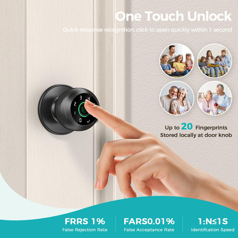 Fingerprint Door Lock，Fingerprint and Keypad Input Smart Door knob, App Controlled Biometric Door Lock, Keyless Entry, Bedroom, Office, Hotel, Apartment Auto Door knob (Black) Metallic Black