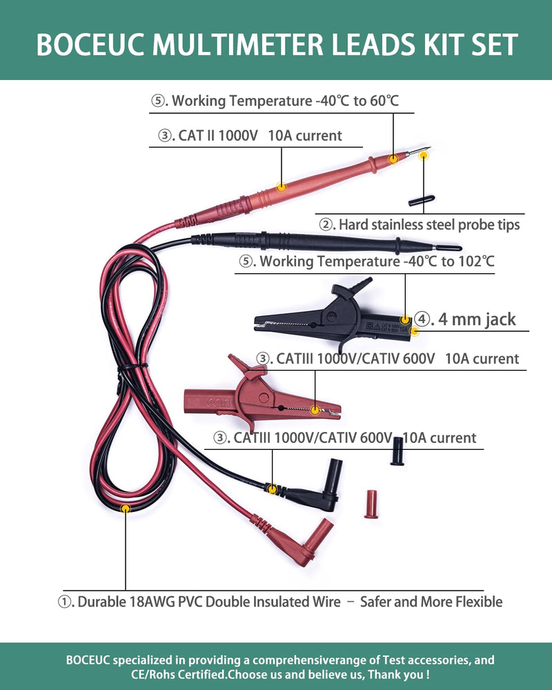 Multimeter Leads Kit with Heavy Duty Alligator Clips and Ultra-Sharp Test Probe Tips, CATIII 1000V/CATIV 600V, 10A Rated, for Electronics, Automotive, and Industrial Use