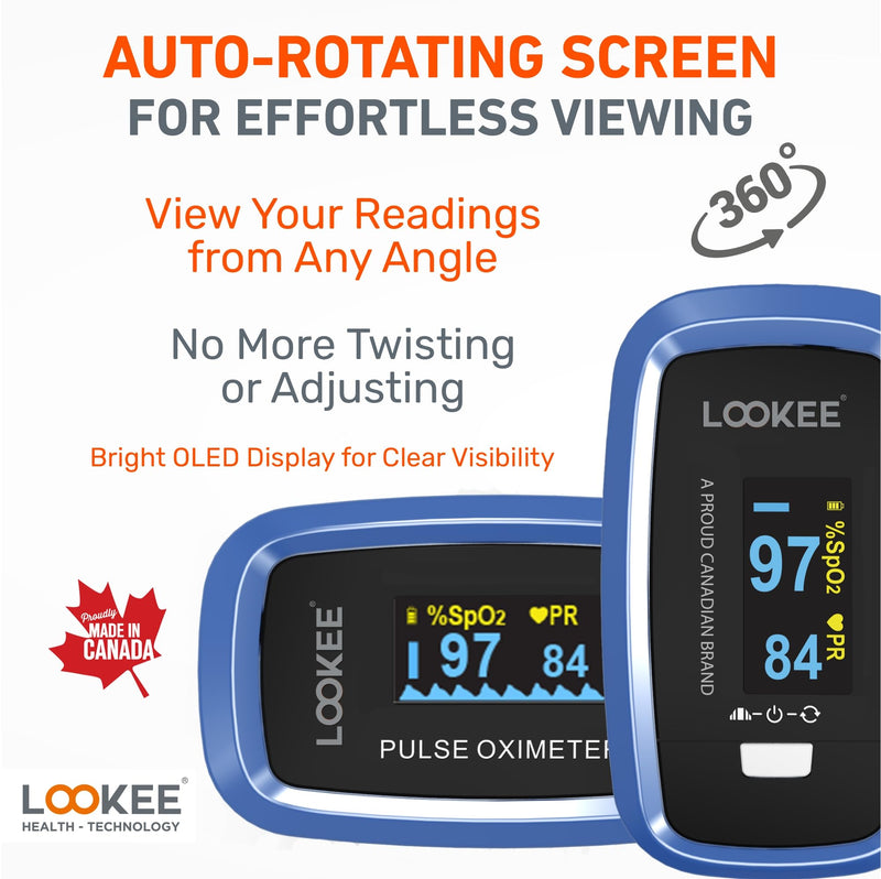 LOOKEE LK50D1 Deluxe Fingertip Pulse Oximeter - Finger SpO2 Blood Oxygen Saturation Monitor with Auto Rotate OLED Display Plethysmograph Waveform & Pulse Graph - Batteries Included Blue