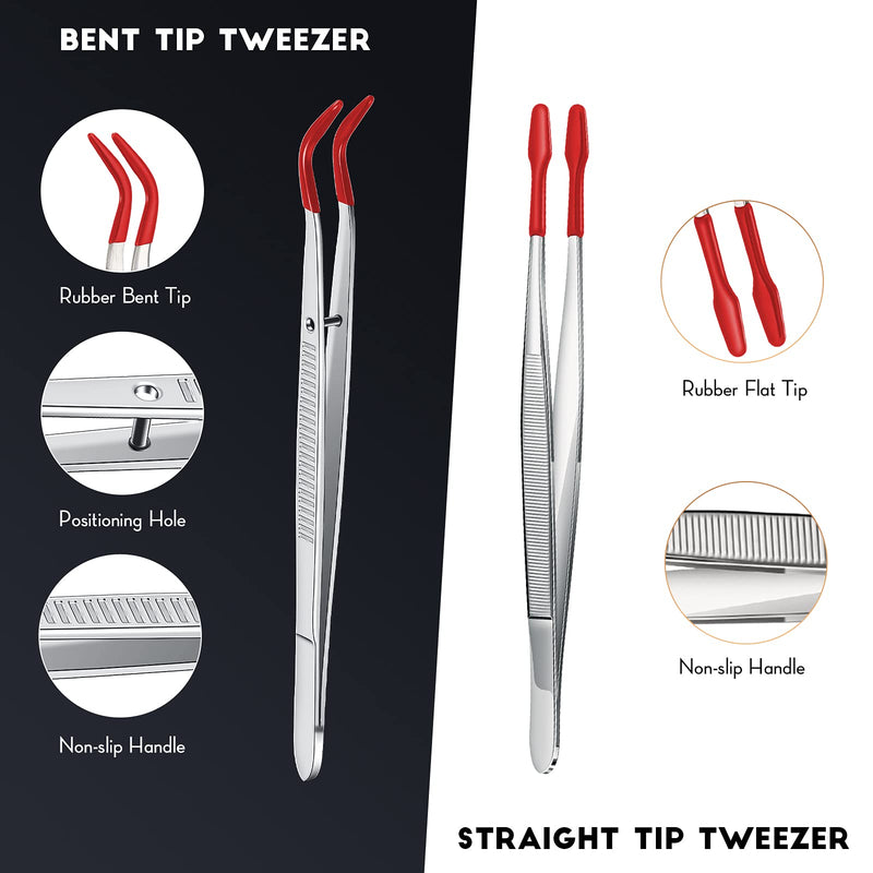 2 Pieces Tweezers with Rubber Tips Set PVC Rubber Coated Tips Bent and Straight Flat Tip Tweezers Stamp Coins Jewelry Hobby Crafts Industrial Electronic Tweezers Tools (Silver, Red) Silver, Red