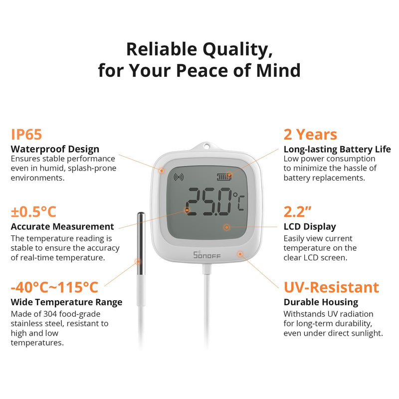 SONOFF SNZB-02LD Zigbee Waterproof Temperature Sensor with 1.5M Stainless Steel Probe, LCD Display, -40~115°C Range, APP Monitoring, Magnetic Mount, Works with Zigbee Hub